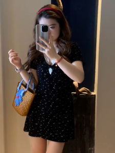 Y6Y | Váy ngắn họa tiết hoa ren đen cổ chữ V ôm eo phong cách Pháp ngọt ngào mùa hè váy nữ dài đến mắt cá chân tay ngắn váy công sở váy dự tiệc