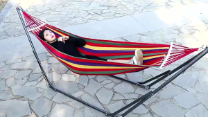 Outdoor Canvas Hammock with Stand 1-2 Person Foldable Anti-Tip Camping Hammock Thickened Fabric Steel Frame for Garden Beach Patio
