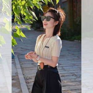 Áo Thun Tay Ngắn Cổ Polo Màu Trắng Khoét Rỗng Thiết Kế Ngắn Thanh Lịch Cho Nữ Mùa Hè Ice Silk Áo Thun Cổ Polo Tay Ngắn Màu Trắng