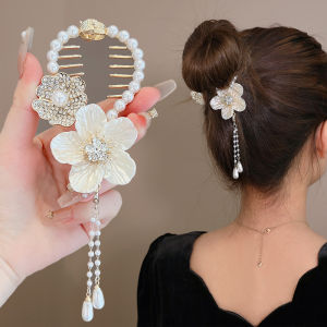Camellia Pearl Rhinestone Tassel Ponytail Clip Womens Hair Bun Buckle Hair Clip
