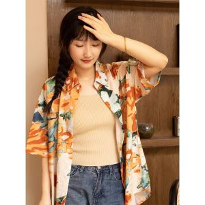 Áo Sơ Mi Nữ Tay Ngắn in Hoa Hawaii Bãi Biển Mùa Hè Cổ Polo Dáng Rộng Cổ Điển Thời Trang Quần Áo Công Sở