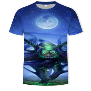 Digital Print Short Sleeve Mens T-Shirt Lion Tiger 3D Trendy V-neck Casual Loose Fit Fashionable Streetwear