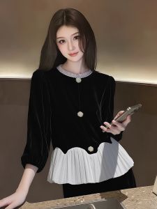 YUFUQING | French Style Wood Ear Design Black Velvet Patchwork Shirt Slim Fit Casual Versatile