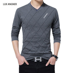 LUX ANGNER 2020ฤดูใบไม้ร่วงแฟชั่นผู้ชายเสื้อยืดแขนยาวผู้ชายVคอเข้ารูปพอดีเสื้อยืดชายTเสื้อสำหรับชาย