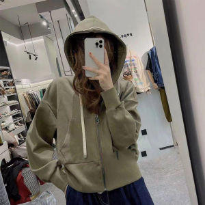 เสื้อแจ็คเก็ตมีฮู้ดแบบลำลองสำหรับผู้หญิง ทรงหลวม ปกติ ฤดูใบไม้ร่วง 2025 เสื้อสเวตเตอร์คอปกตัว Zips ผ้าฝ้ายอวกาศ