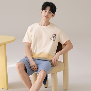 MiiOW | Mens Summer Lightweight Short Sleeve Sleepwear Set Loose Fit Pure Cotton Home Clothes Catman Casual Printed Round Neck T-Shirt