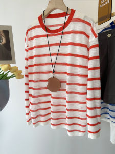Ice Silk Linen Knitted Sunscreen Shirt for Women Thin Style Summer Outerwear Breathable Air Conditioning Shirt with Color Block Stripes