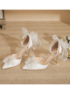 French Style Fairy Style High Heels Womens Lace Bows Flats Pearl Word Strap Closed Toe Sandals Main Wedding Shoes
