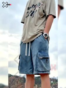 Quần short jean nam túi hộp Xmax lưng có dây chun co giãn ống rộng quần đùi bò lửng nam cargo pant cạp chun B126