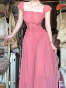 Dopamine Summer Beautiful French Gentle Sweet Waist Cinched Mesh Dress Soft Index Suitable for Summer A-Line Silhouette Dress
