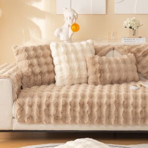 Rabbit Plush Sofa Cover Winter Thickening Warm Plush Cushions Non-Slip Living Room Leather Sofa Backrest Armrests Super Soft