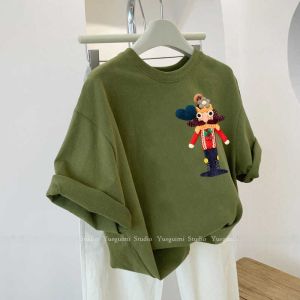 Green Heavy Work Cotton Short Sleeve T-Shirt Womens Summer Casual Loose Top Creative Cartoon Korean Style round Neck Tee