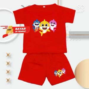 Stelan Baju Celana Anak Usia 1-8 Tahun Lengan Pendek Shark