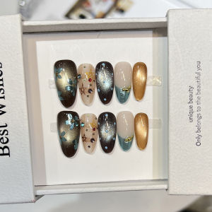 10pcs Hand Painted Cat Eye Press On Nails Oval Brown Fall Winter Press-On Nails with Glitter Gold Starry Design