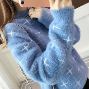 เสื้อสเวตเตอร์ถักขนกระต่ายแบบหลวมๆ สำหรับผู้หญิง ฤดูใบไม้ร่วง/ฤดูหนาว เสื้อชั้นในแบบสวมหัว คอตั้งครึ่งตัว แฟชั่น