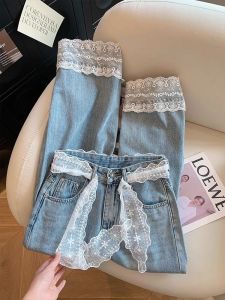 Quần Jeans Denim Ống Thẳng Rộng Thời Trang Mùa Xuân Cho Nữ Quần Ống Rộng Thường Ngày Cao Cấp Có Chi Tiết Viền Ruffles