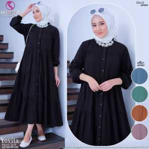 Midi Dress Susun Yovita Bahan Katun Rayon Twill Pakaian Remaja Muslimah