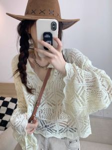 2023 Short Hollow-out Knitted Blouse Womens Spring/Summer V-neck Sun Protection Clothing Thin Loose Long Sleeves Outer Match Chic Tops