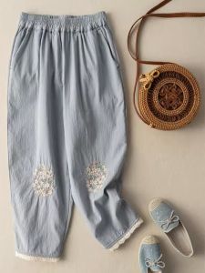 High Waist Cotton Linen Embroidered Casual Pants Womens Loose Slimming Ethnic Splicing Lace Trim Nine Points Pants