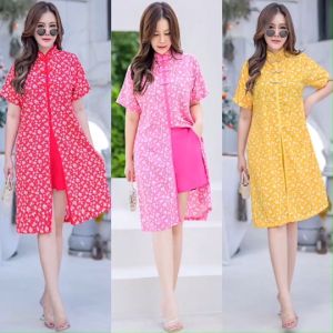 ML784 เซท 2 ชิ้น เสื้อตัวยาวคอจีน กุ๊นขอบ แต่งกระดุมจีน ผ่าหน้าสูง พร้อมกางเกงขาสั้น เนื้อผ้า 100D