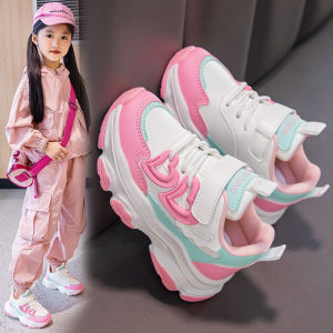 ZEEMIN  Strictly selected girls sports shoes leather surface waterproof spring and autumn new childrens Korean version dad shoes lightweight and non-slip running shoes tide