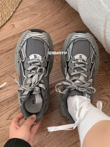 ManYu Grey Sporty Dad Shoes Lengthening Leg Appearances Comfortable for Work Commuting Casual round Toe mid Heel PU Leather