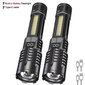 High Power LED Flashlight Powerful TYPE-C Rechargeable COB Flashlight With Side Light Torch For Outdoor Camping Hiking