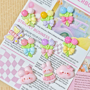 วัสดุ DIY สำหรับงานฝีมือ ร้านดอกไม้รูปกระต่าย ชิ้นส่วนเรซิน ครีม กล่องใส่โทรศัพท์มือถือ ดอกไม้ตกแต่ง วัสดุทำมือ