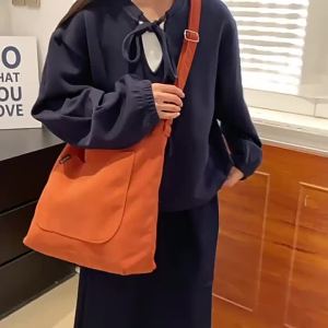 Large Capacity Casual Bag Corduroy Solid Color Shoulder Crossbody Bag Commuter Tote Bag