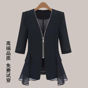 เสื้อเบลเซอร์ไซส์ใหญ่เสื้อคลุมผู้หญิงเสื้อเบลเซอร์ผ้าชีฟองเก็บเอวเข้ารูปแบบบางใส่ช่วงฤดูร้อนสำหรับ OL เสื้อคลุมแบบสั้นใส่แล้วดูผอมเพรียวสำหรับคนอ้วนเสื้อท่อนบน