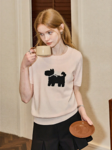 KUHNMARVIN | Áo Sweater Cổ Tròn In Hình Chó Bé Tay Ngắn cho Phụ Nữ