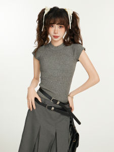 Summer Short Sleeve Knitted T-Shirt Womens Grey Spicy Girl Slim Fit Shoulder Accurate Waist Design Short Length Top