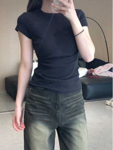 Slim Fit Short Sleeve round Neck T-Shirt Womens Pure Color Beautiful Summer New Style Commute Simple Style Spring Season