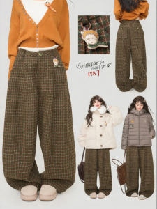 KEIKO | Retro Check Wool Blend High Waist Slim Fit Loose Wide Leg Trousers
