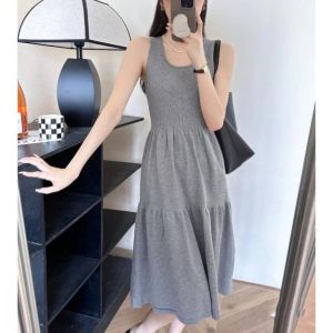 Elegant Korean Style Knitted Sleeveless Dress Womens Summer New Small Design Slimming Versatile Vest Skirt High Waist A-Line Dress