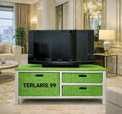 (REDY STOK) Meja Tv Rotan Sintetis Rak Dan Lemari Laci 3.Mini