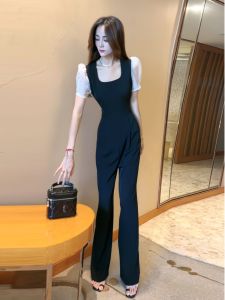 Fashionable One-Piece Suit Wide Leg High Waist Design Square Collar Slimming French Style High Quality Commute Long Pants