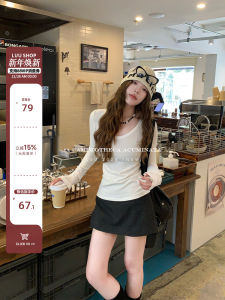 Slim Fit Long Sleeve U-Neck Base Shirt Womens Inner Wear T-Shirt White Versatile Commute Style Korean Brand LUU