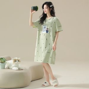 Miiow | Pure Cotton Short Sleeve Sleepwear Womens Mid-Length Dress Home Clothes Youth Casual Summer Comfortable Breathable Nightgown