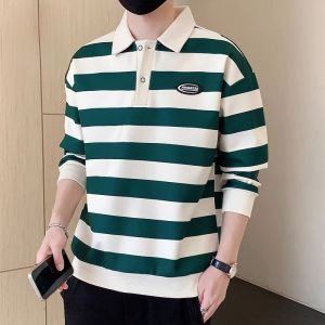 ROMON | Romon Mens Long Sleeve Polo Shirt Casual Striped Sweatshirt Base Layer Trendy Autumn New Style Comfortable Polyester Fiber