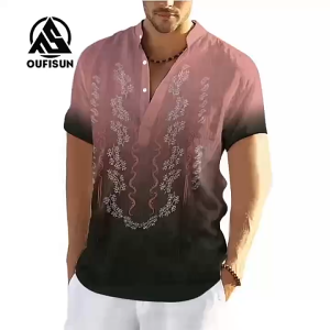 2026 Summer Outfit for Men Ethnic Tribal Style Shirt Stand Collar Retro Traditional Henley Shirt 3D Printed Pattern Loose Breathable Large Size Clothing Asean Attire for Men