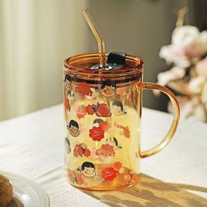 Cute Cartoon Design Borosilicate Glass Water Cup With Large Capacity And Handle