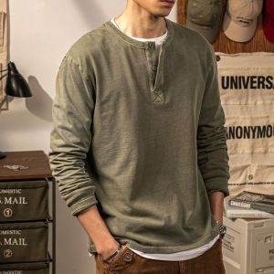 LUPAN | Áo Thun Dài Tay Cổ Henry Nam Bằng Cotton Đã Xử Lý Giặt Vintage