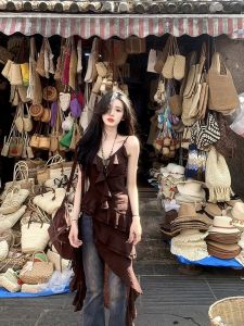 VKSOD | Váy ngắn không đều kiểu Pháp cổ điển cho nữ mùa hè thiết kế mới váy không dây cạp cao không tay cổ chữ V màu trơn