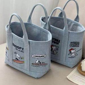 NALLCHEER【2‑3 days delivery】Snoopy Embroidered Denim Tote Bag with Magnetic Closure Cartoon Design for Daily Use and Casual Outfits