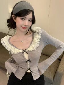 GUZILIAN | Womens Long Sleeve T-Shirt Butterfly Knot Short Style V-Neck Waist Inward Matching Top Early Autumn Lace Trim Korean Style