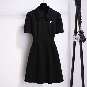 French Pink Polo Collar T-shirt Dress Women Summer New Classic Waist-cinching Slimming Skirt High Waist A-line Cotton Blend