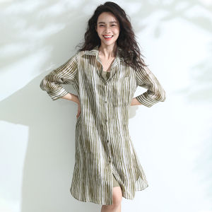 Miccbeirn | Retro Gradient Stripe Print Pure Flax Shirt Dress Casual Loose Waist Summer Season Seven Sleeve Mid Length Two Piece Set