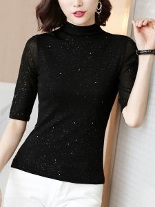 Fashionable Korean-style Black T-shirt for Women with Half Sleeves and Semi-high Collar Perseus Brand Autumn Season New Arrival