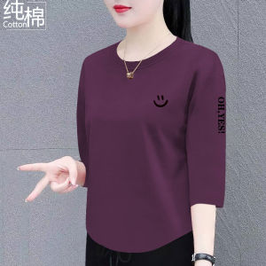 Pure Cotton Ladies T-Shirt Summer New Korean Loose Slimming Seven-Quarter Sleeve round Neck Casual Top Trendy Commute Wind